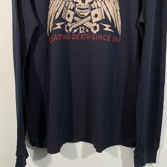 Vtg Y2K Lucky Brand Men Navy Skull Graphics Waffle Knit Long Sleeve Top Size XL - Picture 3 of 8